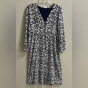 Boden Navy and Cream Leaf Print Midi Dress